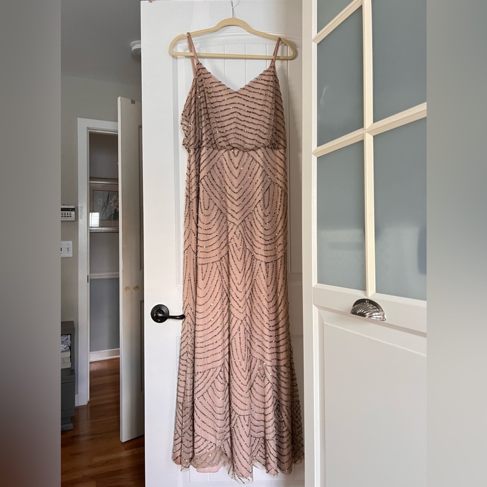 Adrianna Papell Art Deco Beaded Blouson Gown In Taupe Pink